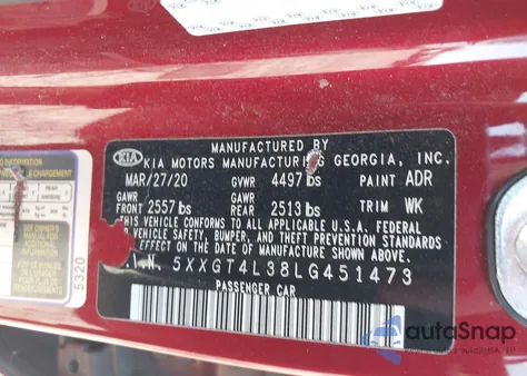 2020 Kia Optima Se из США, поврежденный, VIN 5XXGT4L38LG451473